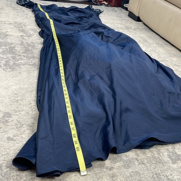 New La Femme Navy Beaded Off the Shoulder Sweetheart Ruched Satin Mermaid Gown - Picture 13 of 13